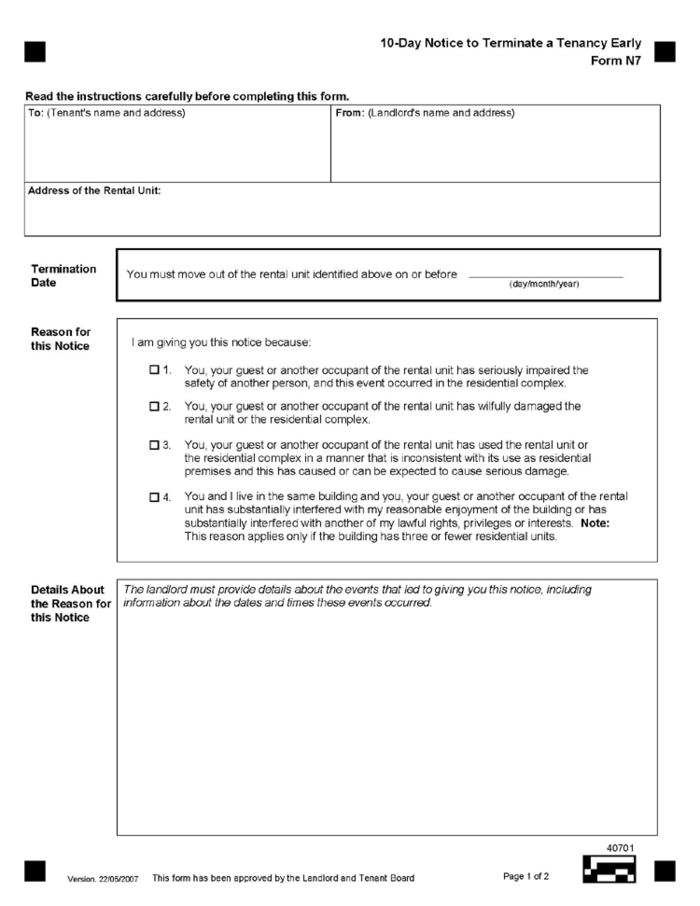 on 10 day notice to end tenancy early form n7 ezlandlordforms