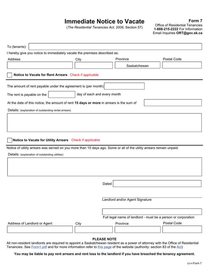 saskatchewan form 7 notice to vacate non payment ezlandlordforms