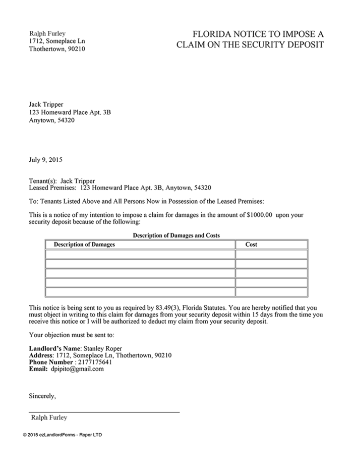 Florida Notice To Impose A Claim On The Security Deposit Ezlandlordforms