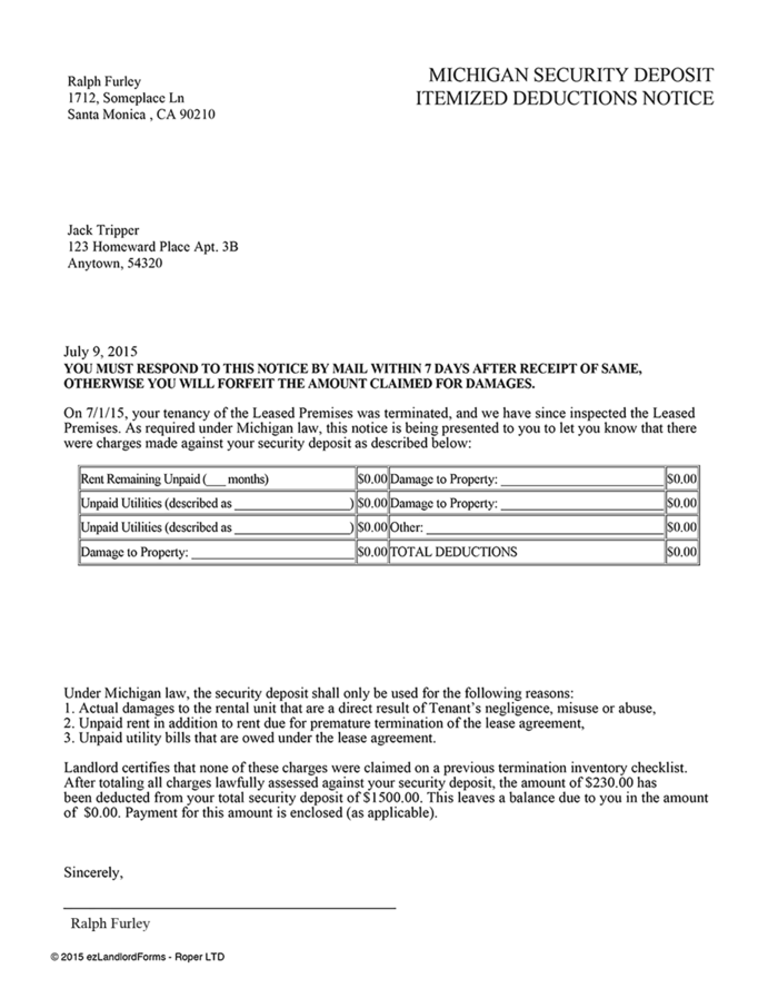 michigan security deposit itemized deductions notice ezlandlordforms