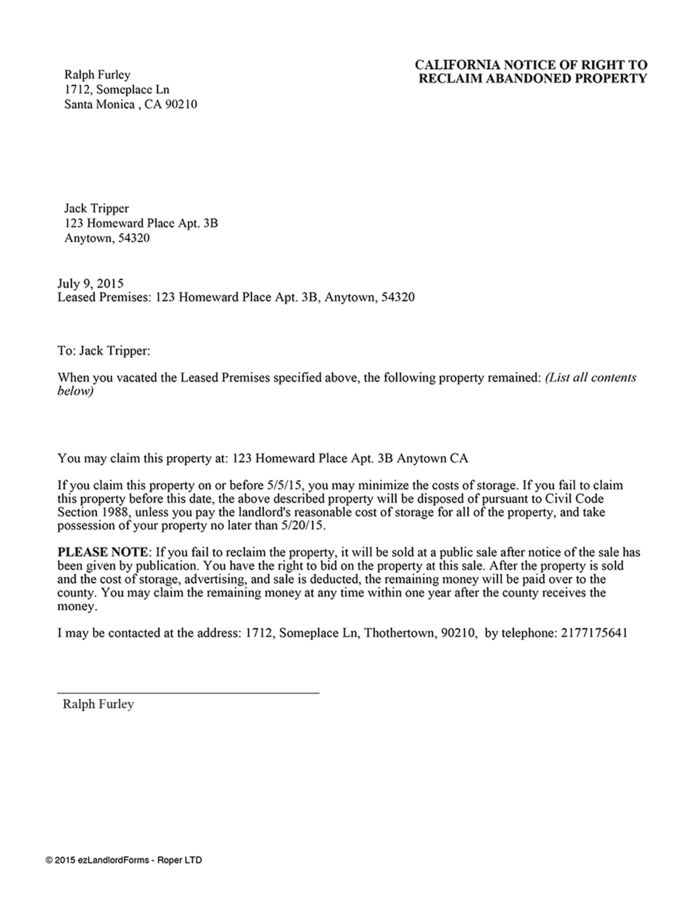 California Notice to Reclaim Abandoned Property (over $700 