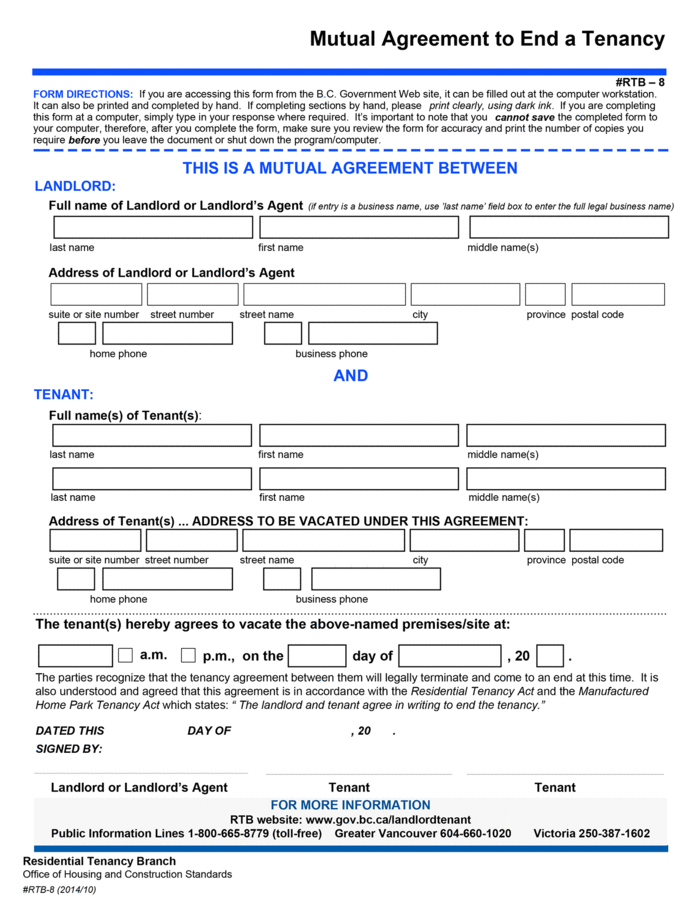 BC Mutual Agreement to End a Tenancy (RTB-8)