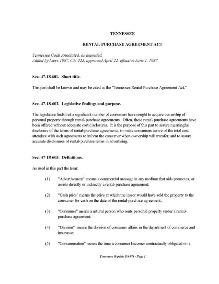 Tennessee Rental-Purchase Agreement Act | ezLandlordForms for Free Printable Lease Agreement Tennessee