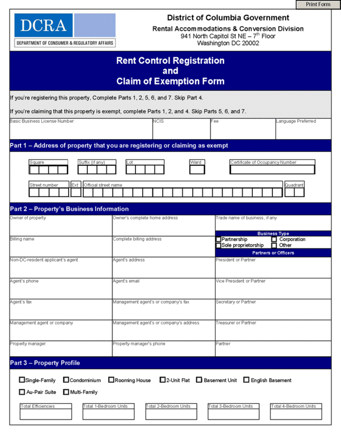 DC Rental Registration/Claim of Exemption (RAD Form 1 