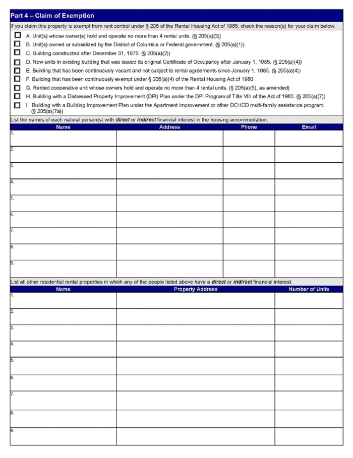 DC Rental Registration/Claim of Exemption (RAD Form 1 