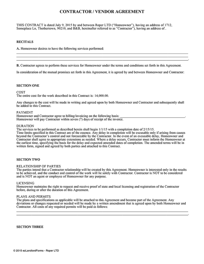 Contractor - Vendor Agreement | ezLandlordForms