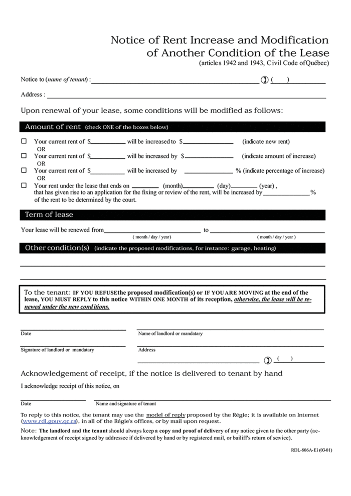 quebec notice of rent increase or other lease change ezlandlordforms