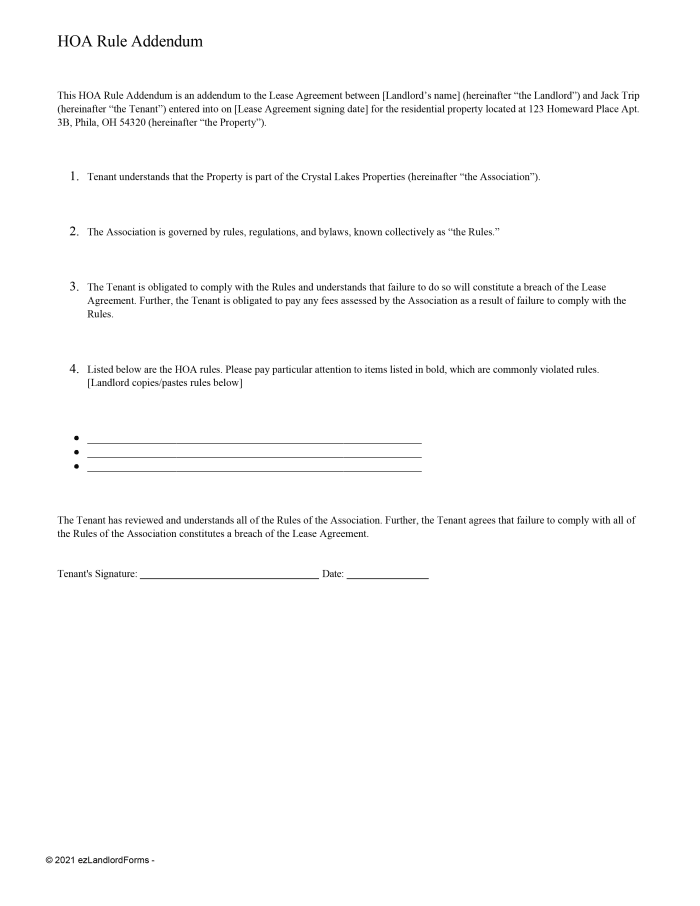 HOA Rule Addendum | ezLandlordForms