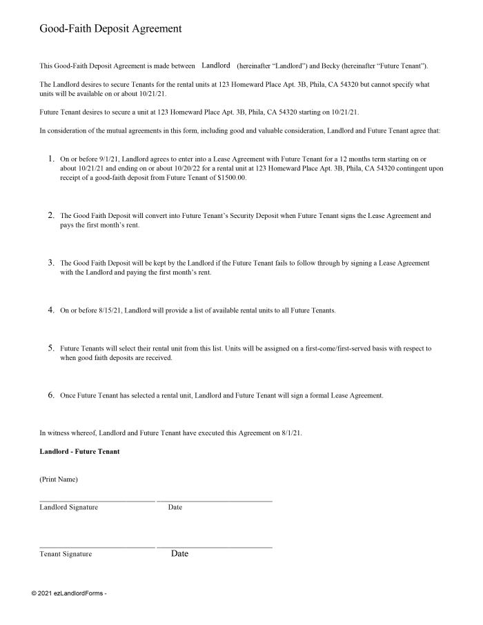 good faith deposit agreement ezlandlordforms