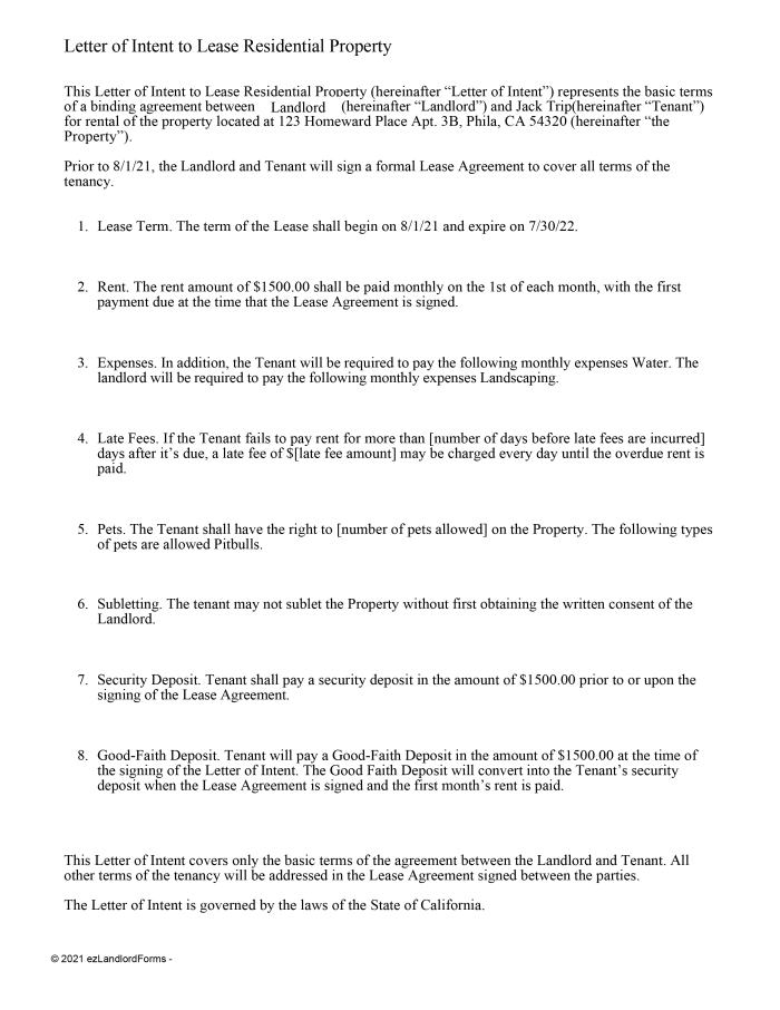 Letter of Intent | ezLandlordForms for Letter Of Intent For Lease Template Free