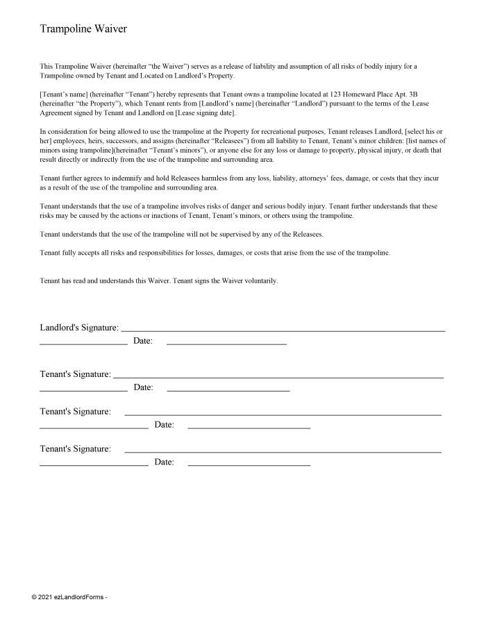 Trampoline Waiver ezLandlordForms