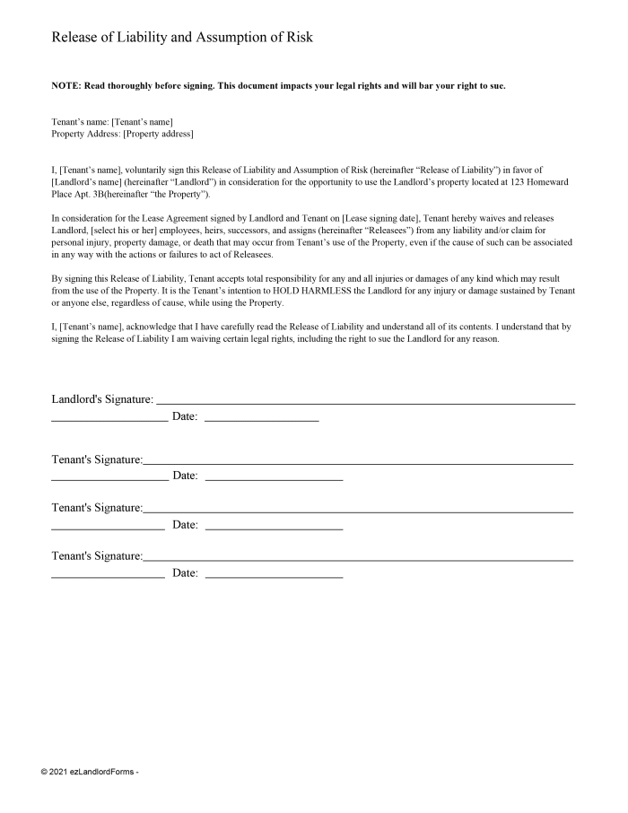Release of Liability and Assumption of Risk | ezLandlordForms