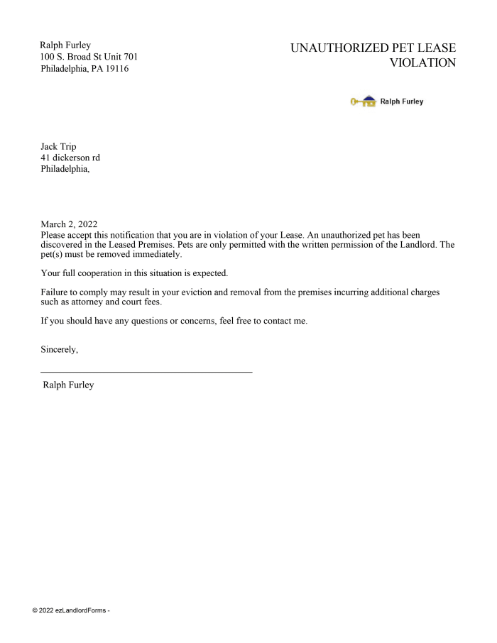 Unauthorized Pet Lease Violation Ezlandlordforms