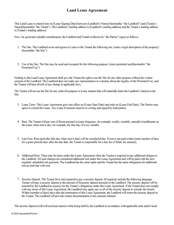 Land Lease Agreement | ezLandlordForms