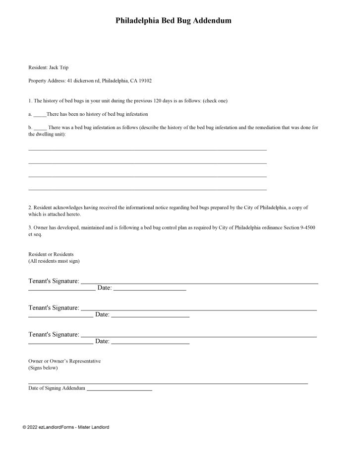 Free Bed Bug Lease Addendum Form PDF Word