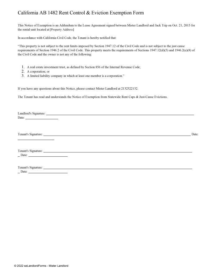 California AB 1482 Rent Control &amp; Eviction Exemption Form 