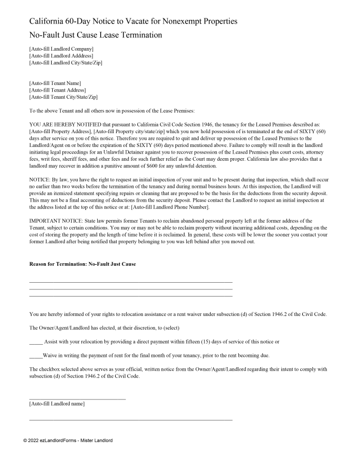 California 60-Day Notice to Vacate for Non-Exempt Properties - No-Fault Just Cause Lease Termination | ezLandlordForms for Free Printable Eviction Notice California