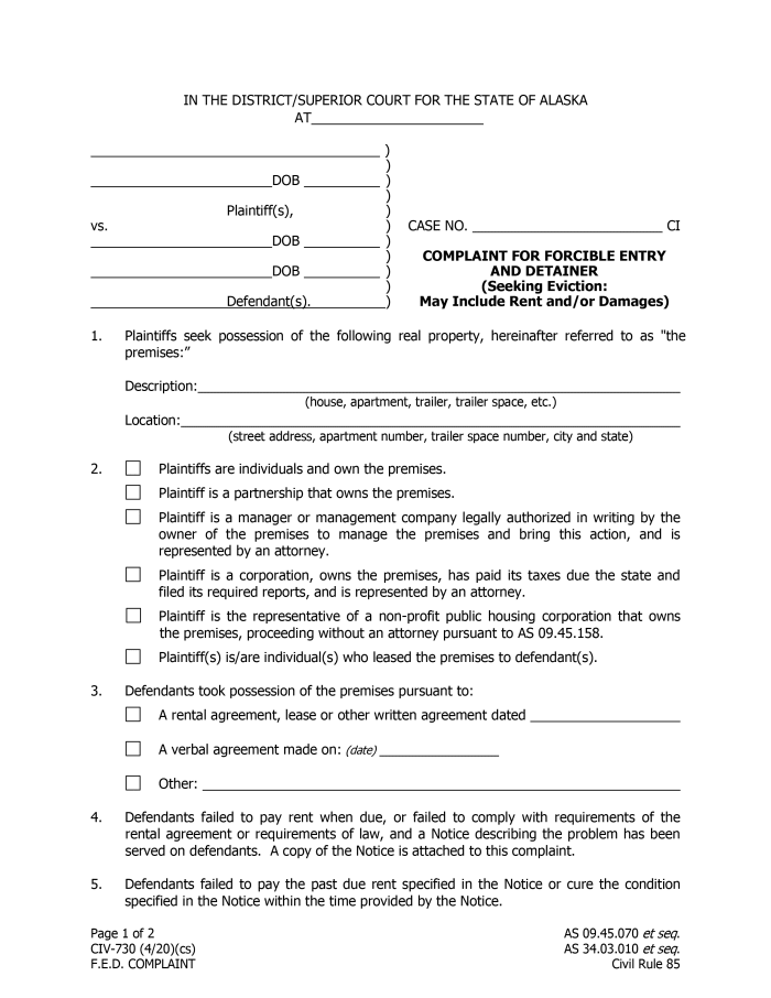 Alaska Forcible Entry and Detainer Complaint | ezLandlordForms