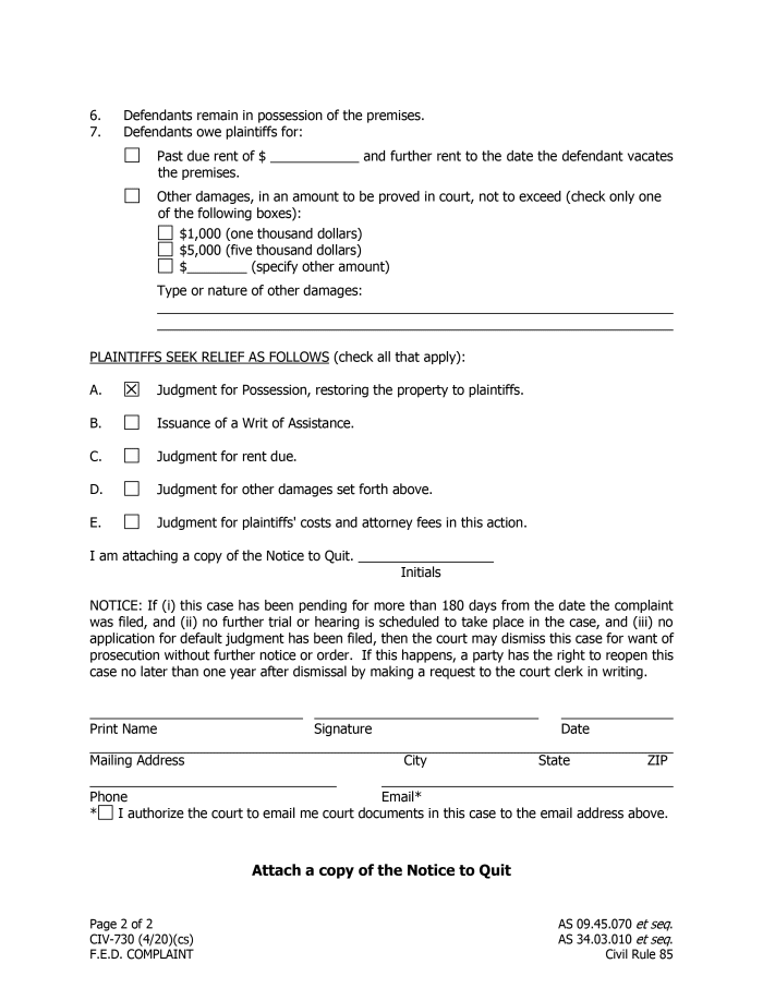 Alaska Forcible Entry and Detainer Complaint | ezLandlordForms