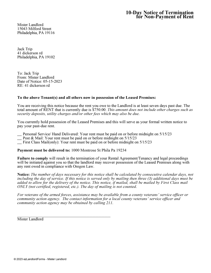 Oregon 10 day notice of Termination for non payment of rent