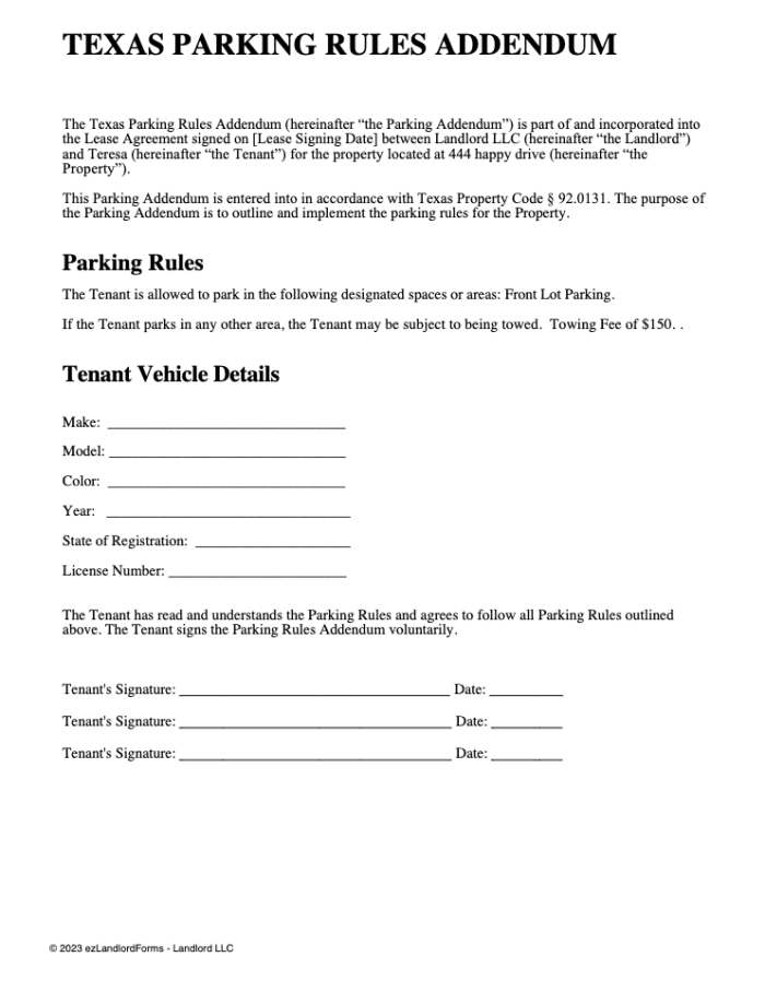 Texas Parking Rules Addendum | ezLandlordForms