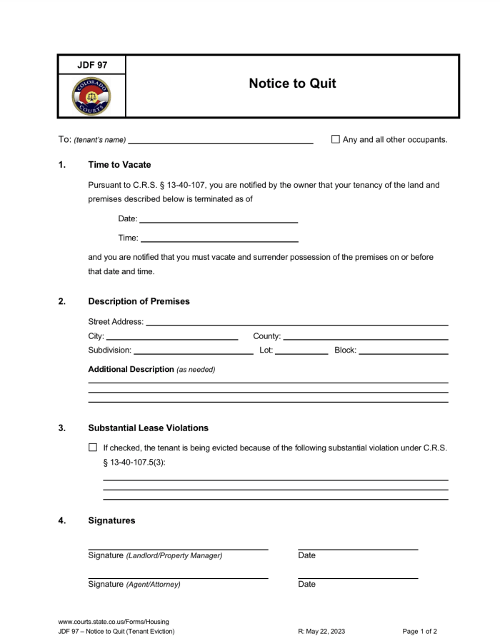 Colorado Official Notice to Quit | ezLandlordForms for Free Printable Eviction Notice Texas