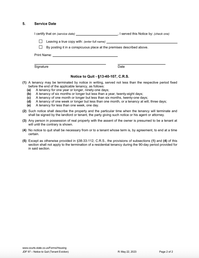 Colorado Official Notice to Quit | ezLandlordForms for Free Printable Landlord Eviction Notice