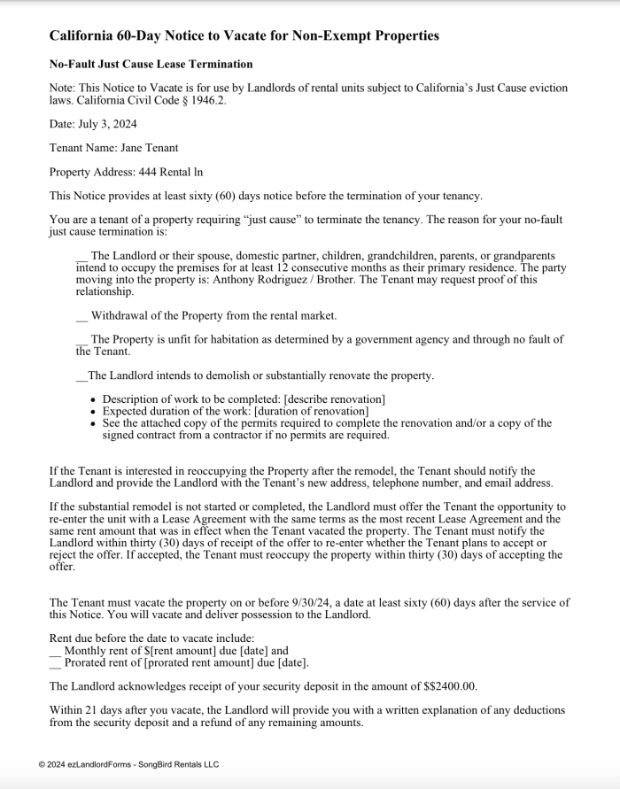 California 60-Day Notice to Vacate for Non-Exempt Properties 