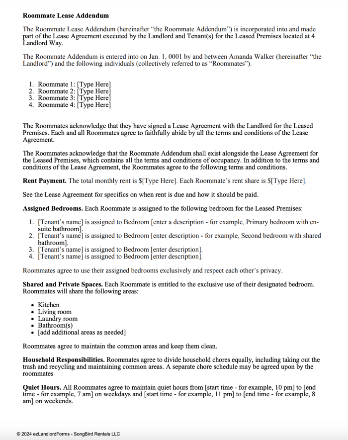 Roommate Lease Addendum | ezLandlordForms for Free Printable Lease Agreement For Roommates