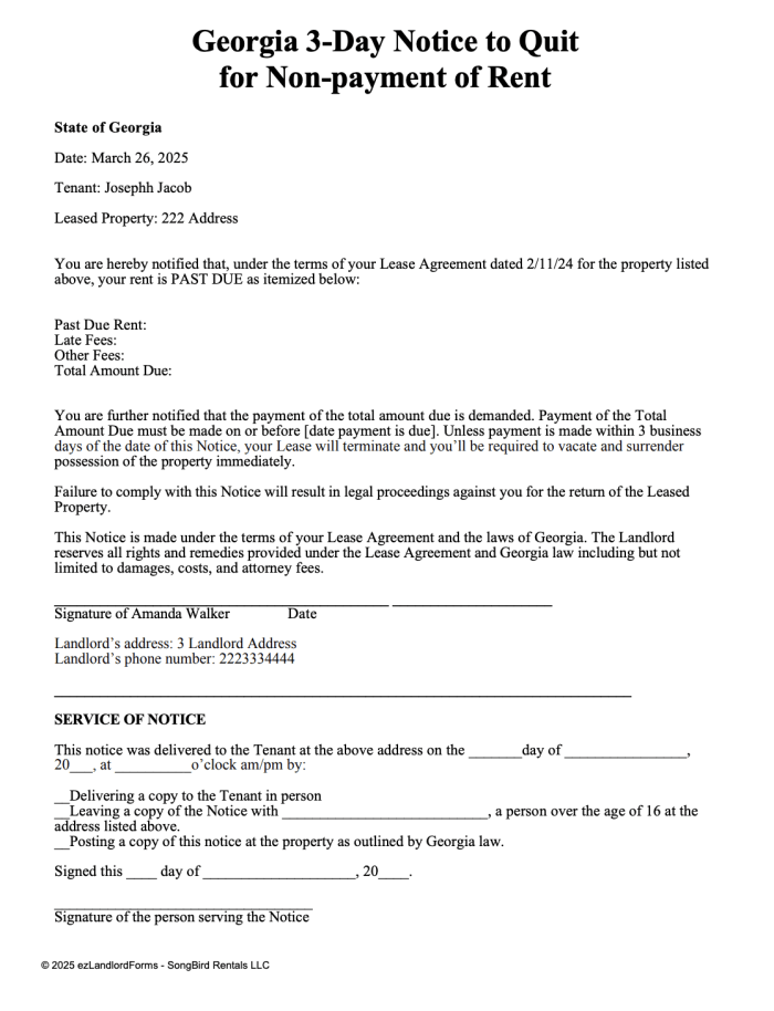 Georgia 3-Day Notice to Quit for Non-payment of Rent | ezLandlordForms for Free Printable Eviction Notice Georgia