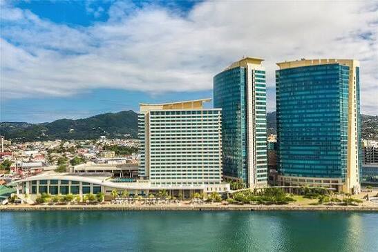 Rooftop infinity pool of the Hyatt Regency Trinidad overlooking the Gulf of Paria