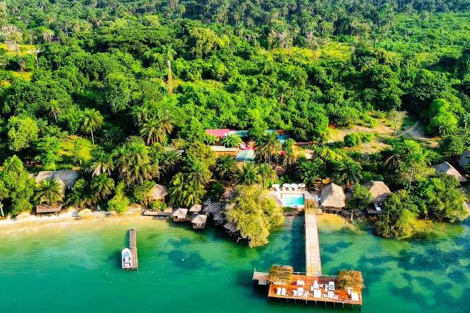 Thatched bungalows of Ponta Anchaca between palms and a white-sand Bijagós beach