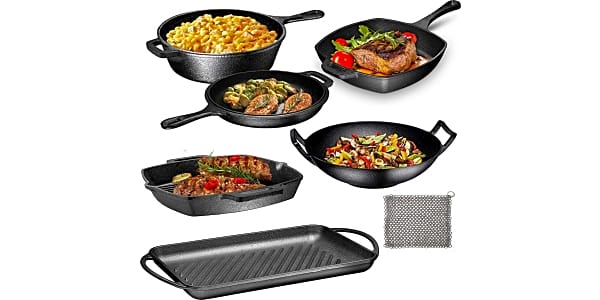 Bruntmor 7-Piece Black Pre-Seasoned Cast Iron Kitchen Utensil Set | Pots,  Pans, Skillets, Grill, Wok, Chainmail, Dutch Oven & More