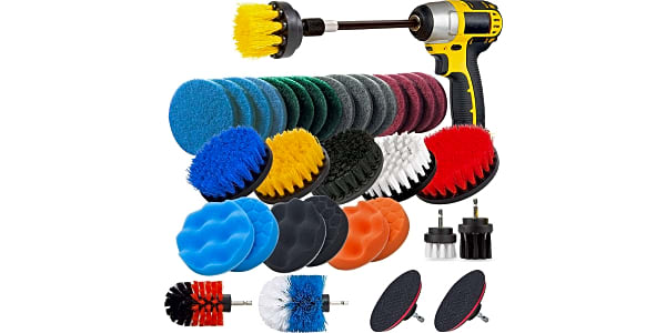 Scrub Pads + Scrub Brush + Extended Reach Round Head Brush Drill  Attachments - RotoScrub