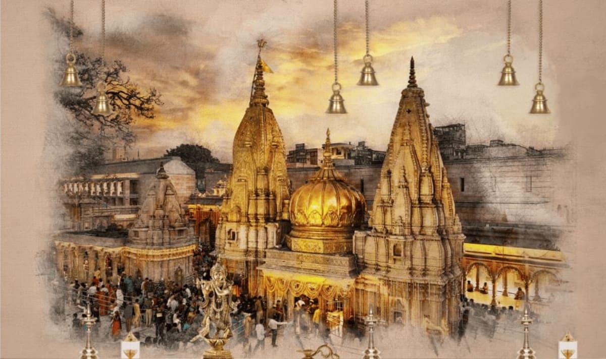 Ornate golden spires and grand entrance of Kashi Vishwanath Dham corridor in Varanasi