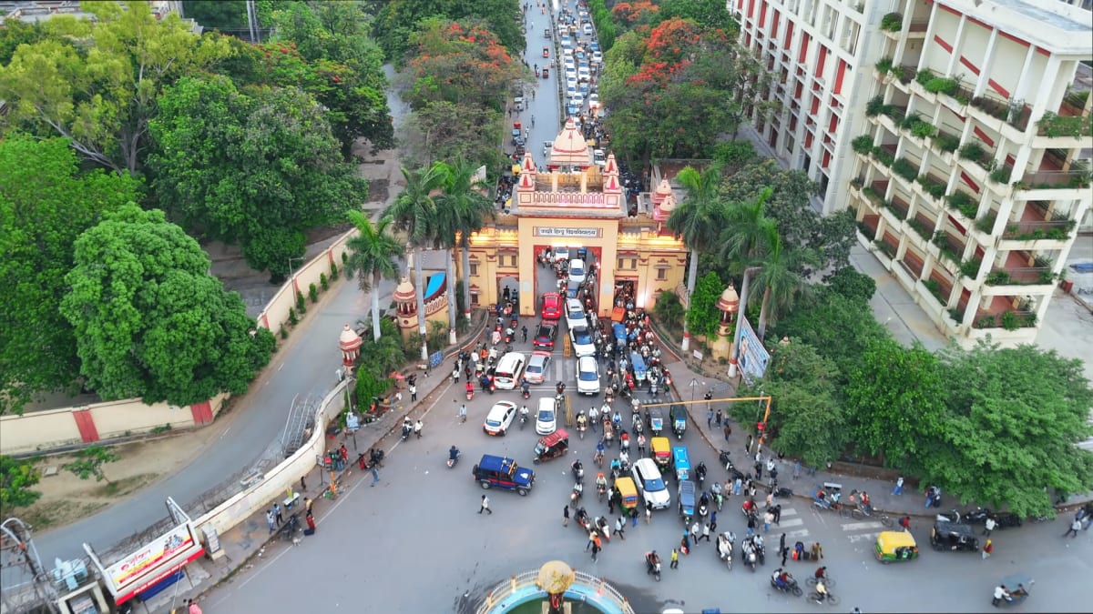 Shri Vishwanath Temple VT spire inside the lush green campus of Banaras Hindu University