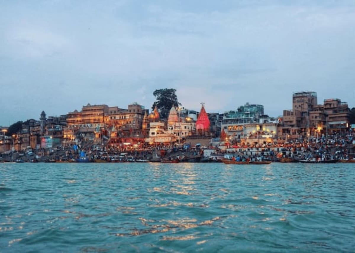 Ganga Aarti ceremony at Dashashwamedh Ghat in Varanasi viewed from the Ganges River