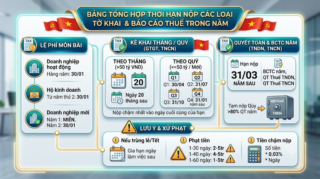 BẢNG TỔNG HỢP THỜI HẠN NỘP CÁC LOẠI TỜ KHAI VÀ BÁO CÁO THUẾ TRONG NĂM MỚI NHẤT