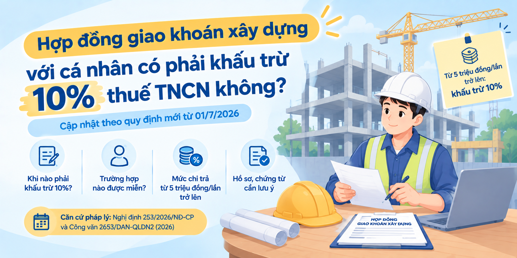 Hợp đồng giao khoán xây dựng với cá nhân có phải khấu trừ 10% thuế TNCN không?