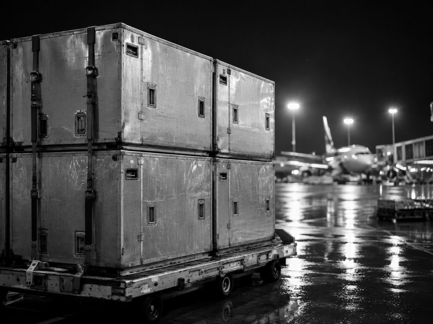 ULD containers staged on the night ramp