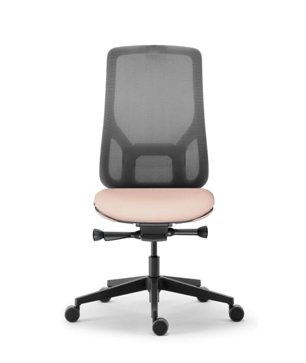 Chaise haut dossier, finition noir, roulettes ø50 sol moquette — dossier résille - Eman