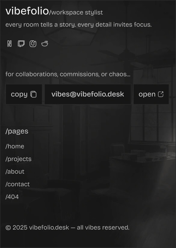 mobile version of section with a dark-themed website footer with brand title, contact email, social icons, vertical Japanese text, and page navigation links