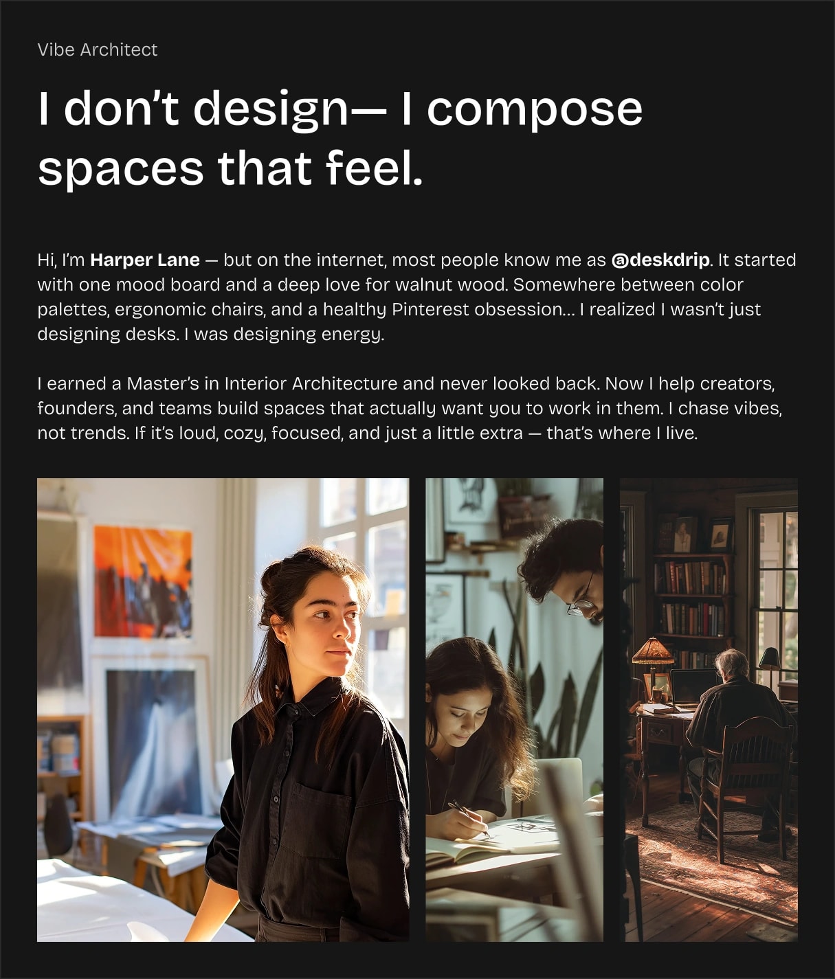 tablet version of about section with bold headline, personal introduction, and three creative workspace portraits in a dark-themed layout