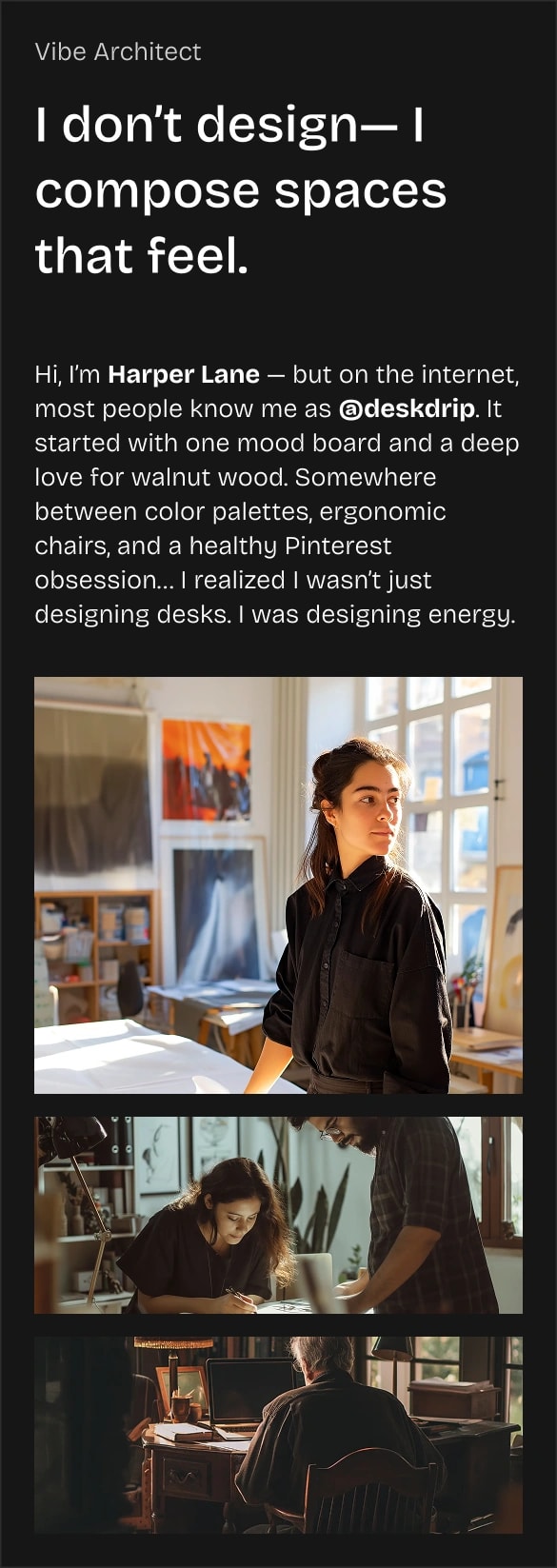 mobile version of about section with bold headline, personal introduction, and three creative workspace portraits in a dark-themed layout