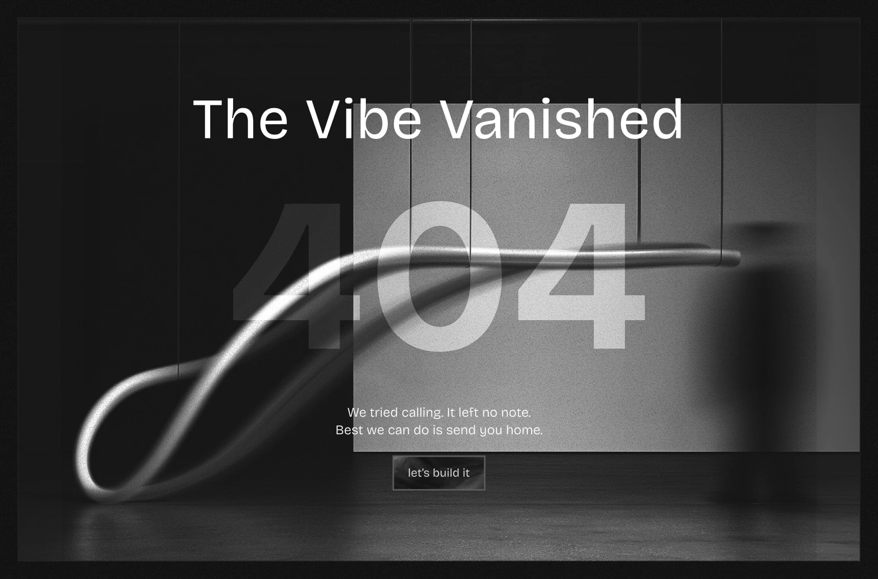 desktop section of a custom 404 error page with large '404' text, message about missing page, and a call-to-action button over abstract background