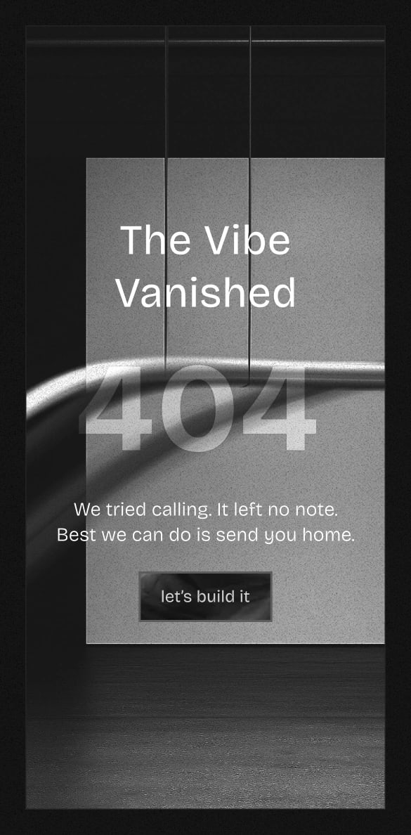 mobile section of a custom 404 error page with large '404' text, message about missing page, and a call-to-action button over abstract background