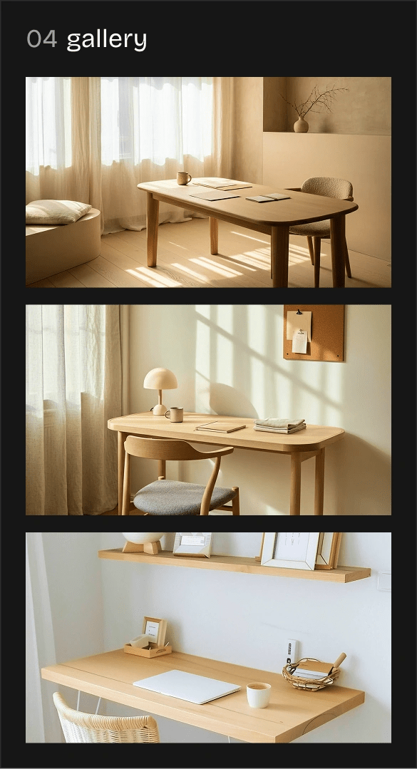mobile section of a three-column image grid layout showcasing minimalist workspace photos in a clean and modern style