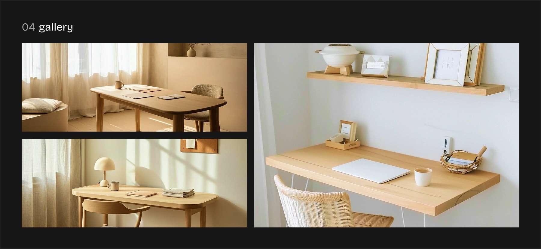 desktop section of a three-column image grid layout showcasing minimalist workspace photos in a clean and modern style
