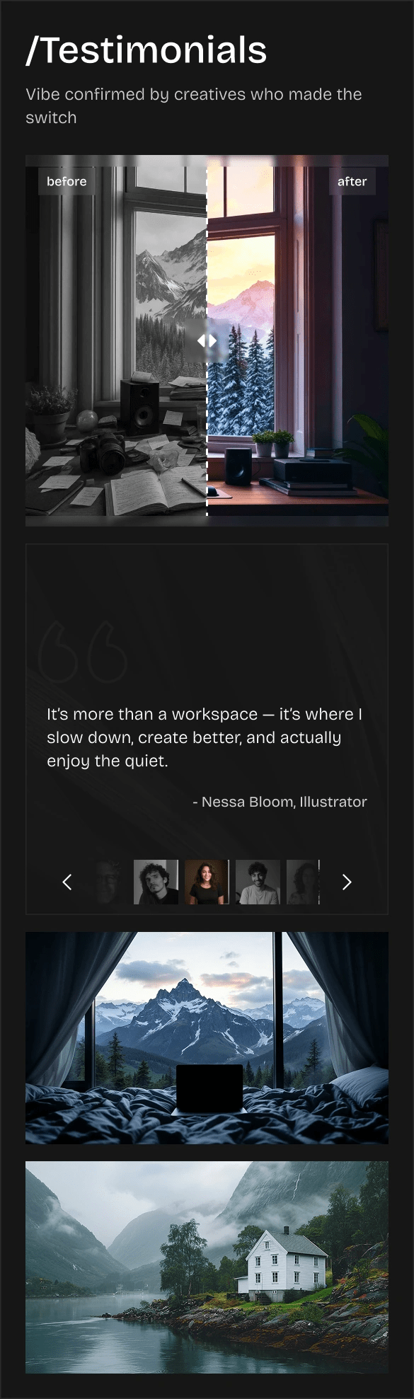 mobile section of testimonial layout with customer quote carousel, before-and-after slider, and supporting scenic workspace images
