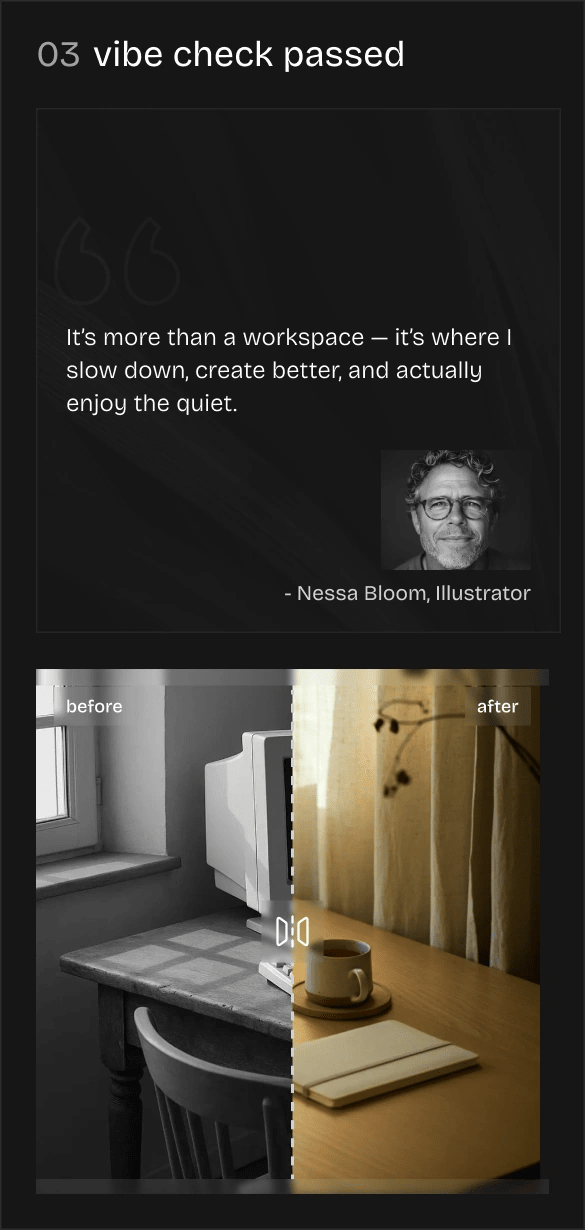 mobile section of testimonial section featuring a customer quote with profile photo, alongside a before-and-after image slider of workspace transformation